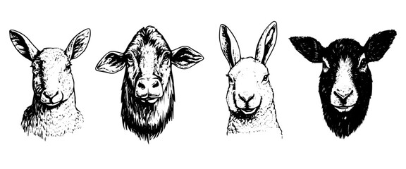 Black and white illustrations of farm animals: sheep, cow, rabbit, goat.