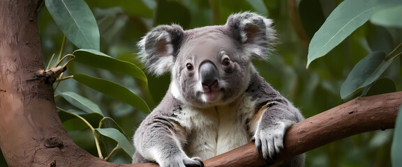 Fototapeta premium Koala on Eucalyptus Branch: An adorable koala, with its characteristic fluffy fur and endearing expression, sits perched on a eucalyptus branch, amidst a backdrop of lush green foliage.