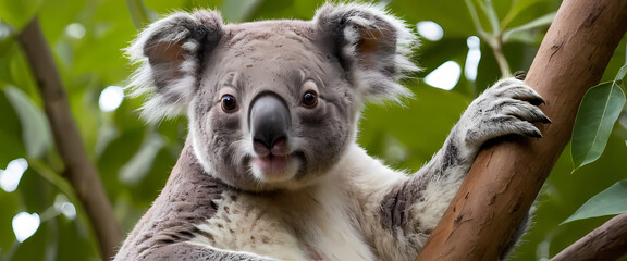 Fototapeta premium Koala on Eucalyptus Branch: An adorable koala bear clings to a eucalyptus tree branch, its fluffy gray fur and endearing expression captivating the viewer.
