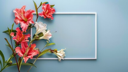  It holds a picture of a serene meadow, complementing the lively floral arrangement. 