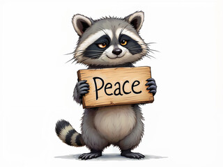 Raccoon holding a peace sign standing on a white background