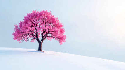 Fototapeta premium Solitary pink blossom tree in snowy landscape