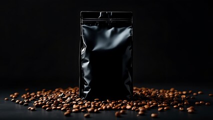 Black paper coffee bag packaging mockup with spilled coffee beans on a coffee table, suitable for branding, mockup for marketing, mockup for packaging. isolated on black background.