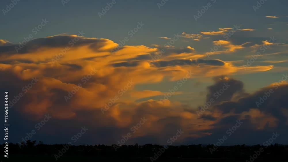 Poster vibrant sunset clouds display colors and patterns in the evening sky over a tranquil landscape