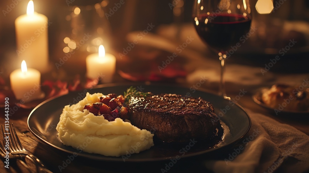 Poster Gourmet dinner with steak and mashed potatoes, candlelit table setting, elegant romantic evening meal