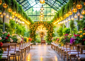 Fototapeta premium Bokeh Wedding Greenhouse Photography: Lush Plants, Romantic Ambiance, Potted Flowers, Wedding Venue