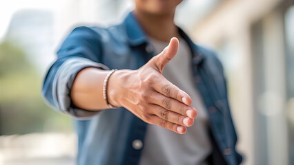 Fototapeta premium hand of person extended in handshake gesture. Person extending hand 