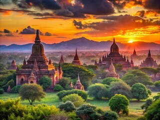 Breathtaking Sunset Over the Temples of Bagan, Myanmar with Golden Light Casting Shadows on Ancient Structures, Ideal for Travel and Culture Enthusiasts