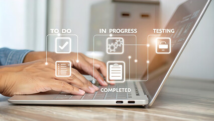 hands of a person actively typing on a modern laptop. empty blurred background. immersive technological environment, various charts, graphs and numerical data points suggesting active participation in