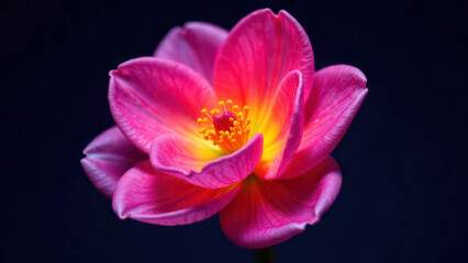 Fototapeta premium Vibrant pink flower with yellow center on dark background