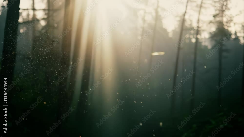 Poster Sunlight streaming through trees creates enchanting atmosphere in serene forest setting