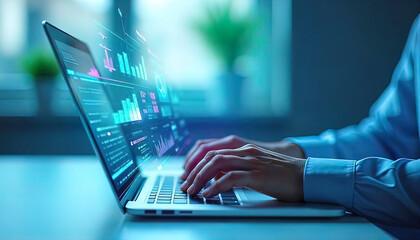hands of a person actively typing on a modern laptop. empty blurred background. immersive technological environment, various charts, graphs and numerical data points suggesting active participation in