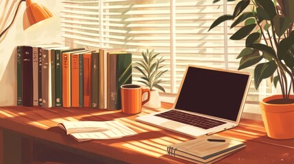 Fototapeta premium Cozy sunlit workspace with open laptop, books, notebook and coffee mug, potted plants, gentle blinds shadows