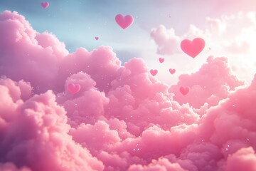 Pink Hearts Floating Among Fluffy Pink Clouds