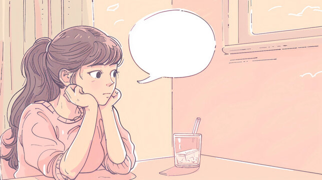 A creative illustration of a young girl deep in thought about studying, with a speech bubble representing her focus on education, designed in a colorful doodle cartoon style for academic and learning.