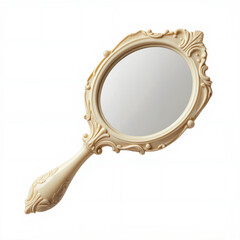 Vintage antique ornate Victorian era beige hand mirror made from ivory - isolated on white background