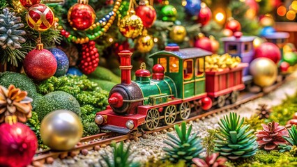 Candid Christmas Toy Train Photo: Festive Holiday Ornaments, Green Garland, Cheerful Scene