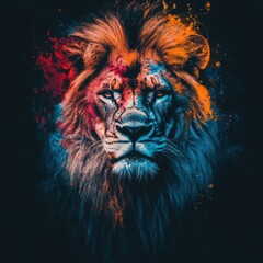 Naklejka premium Multicolored Lion Illustration with Vibrant Mane in Abstract Art 