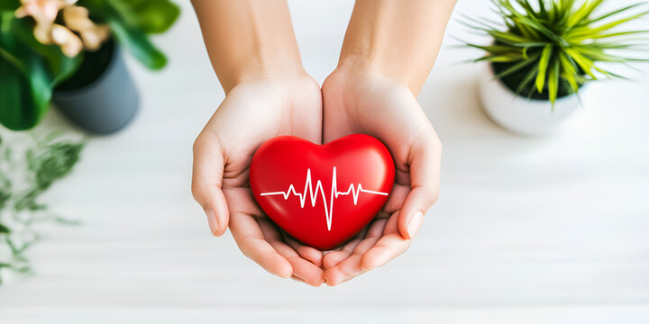 Hands Holding Red Heart with Heartbeat Symbol