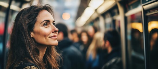 Smiling woman using public transport stands in a carriage among other people