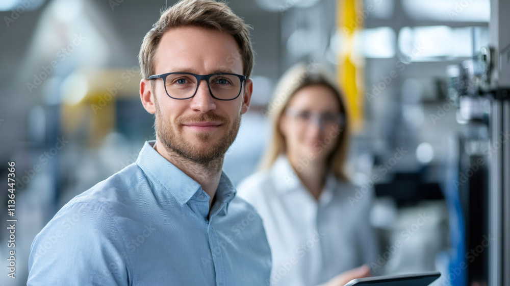 Fototapete smiling male engineer holding tablet with female colleague working in background in high tech factor