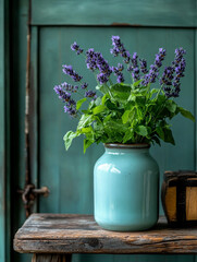 Lavender and mint arrangement in a rustic setting