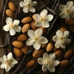 A close-up of delicate white flowers, almonds, and vanilla pods arranged beautifully on a textured surface, Ideal for use in food blogs, culinary presentations, or floral-themed designs,