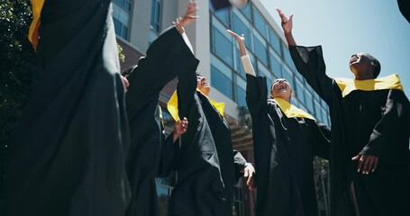 Graduates, throw and hats for graduation celebration, education achievement or diploma success. Group, people or academic cap in air for certificate together and learning goals in university ceremony