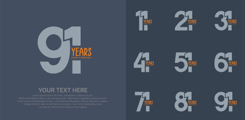 Anniversary logo set vector design, gray and orange color for celebration event