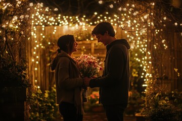 Romantic Couple Exchange Flowers Underneath Twinkling Lights