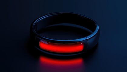 A sleek black wristband with a glowing red light, set against a dark background, suggesting a modern, high-tech design.
