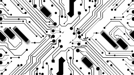 An abstract close-up of a black and white circuit board design, featuring intricate patterns and lines that symbolize technology and innovation. circuitboard pattern design background