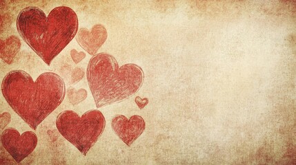 Fototapeta premium A retro Valentine's Day background with sketched hearts in various sizes and shades of red
