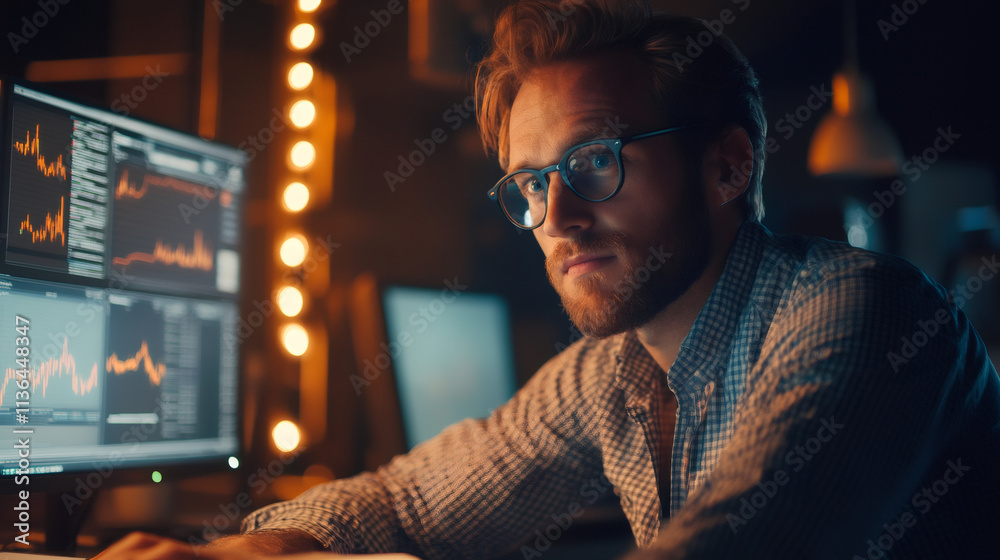 Poster businessman concentrating on late-night financial analysis in office, making strategic decisions in 