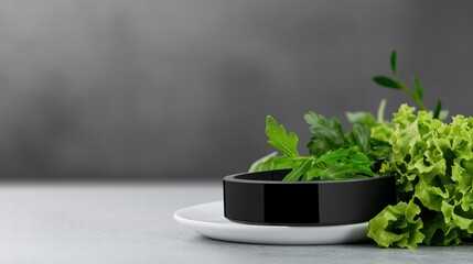 A sleek black bowl sits on a white plate, surrounded by fresh green herbs and lettuce against a soft gray background.