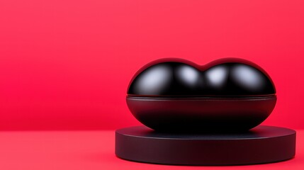 A sleek, black, heart-shaped object on a circular base against a vibrant red background creates a striking visual contrast.