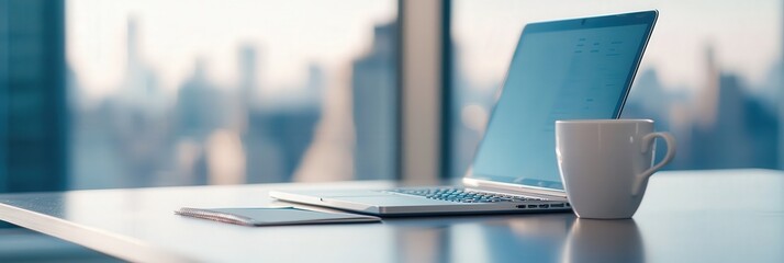 A professional desk setup featuring a laptop, coffee, and a career goals notebook