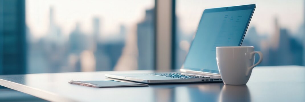 A professional desk setup featuring a laptop, coffee, and a career goals notebook