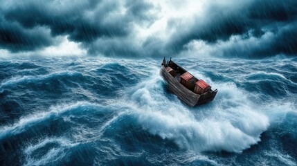 Majestic Noah's Ark enduring a fierce storm on a turbulent sea, showcasing intricate details and dramatic weather dynamics