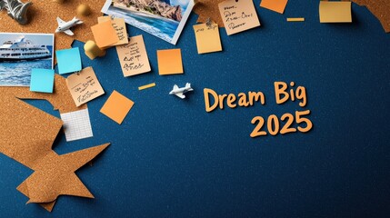A motivational corkboard featuring "Dream Big 2025" quotes, colorful sticky notes, and travel pictures