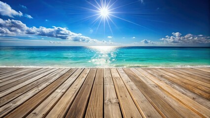 Fototapeta premium Serene ocean view from a weathered wooden deck on a sunny day