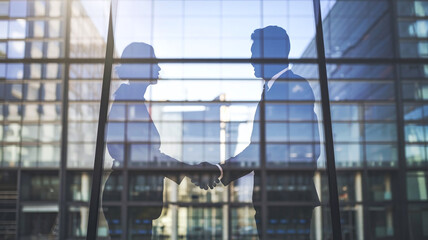 Fototapeta premium Silhouette of diverse business professionals shaking hands and networking in a modern office setting, symbolizing teamwork, collaboration, and successful business deals. 