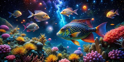 Obraz premium Captivating Night Photography of Ornate Decorative Fish Swimming Gracefully in a Colorful Underwater World, Illuminated by Soft Bioluminescent Lights and Starry Background