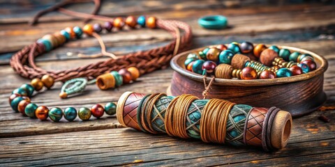 Fototapeta premium Artisan-crafted Beaded Necklace and Cordwork Display on Rustic Wood