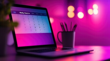 A desktop display of a digital calendar with reminders for "Weekly Check-ins" and "Fitness Challenges"