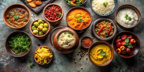 Fototapeta premium An Array of Savory Dishes in Rustic Bowls, Featuring Diverse Culinary Creations and Vibrant Colors