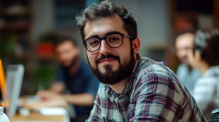 Obraz premium Confident young businessman with spectacles and a beard smiling while working with colleagues in a dynamic startup office setting