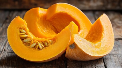 Bright orange pumpkin slices arranged on rustic wooden table