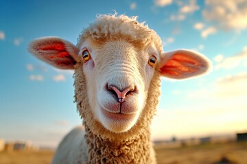 A close-up of a ewe chewing on grass, with gentle sunlight highlighting her wool