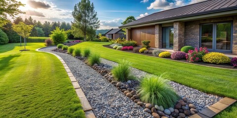 Obraz premium Landscaped Pathway and Modern Home Exterior with Lush Greenery and Colorful Flowers